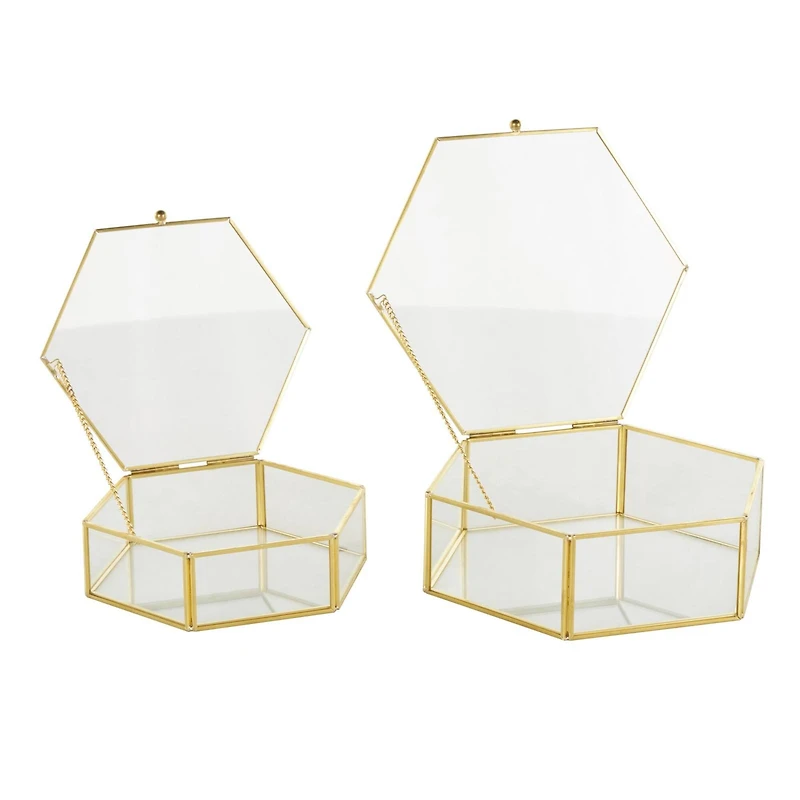 Clear & Gold Glass & Metal Hexagon Jewelry Box with Chain Accent Set