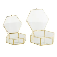 Clear & Gold Glass & Metal Hexagon Jewelry Box with Chain Accent Set