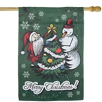 Merry Christmas Santa and Snowman Outside House Flag 28" x 40"