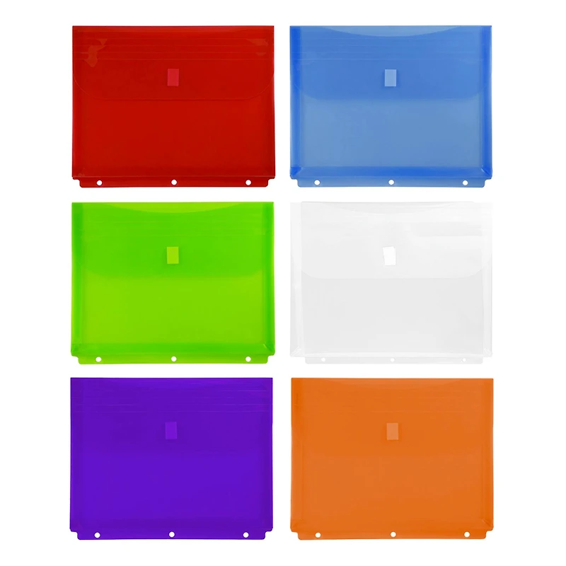 JAM Paper 9.5" x 11.5" Plastic 3 Hole Punch Binder Hook & Loop Closure Envelopes, 6ct.