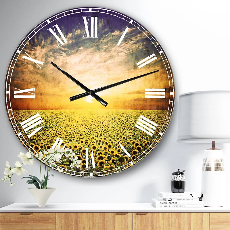 Designart 'Beauty Sunset Over Sunflowers Field Modern Wall Clock