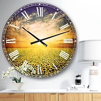 Designart 'Beauty Sunset Over Sunflowers Field Modern Wall Clock