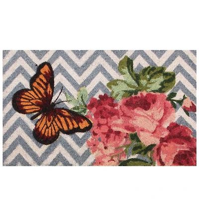 Gray Chevron & Butterfly Floral Doormat