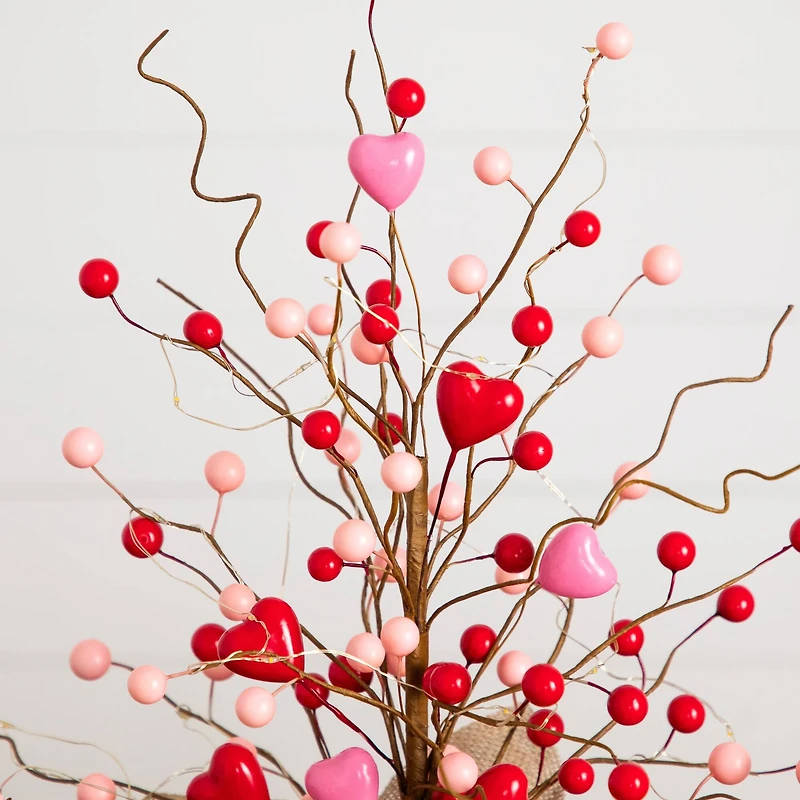 18in. Pre-Lit Artificial Valentine's Day Heart & Berry Twig Tree with 30 LED String Lights in Burlap Wrapped Base