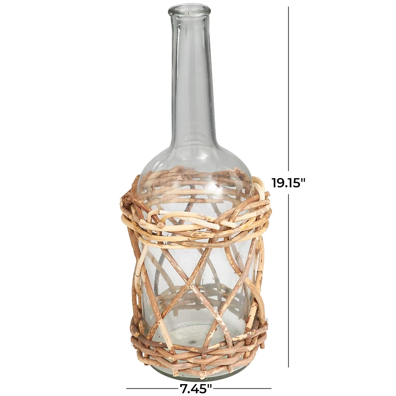 19" Clear Glass Handmade Vase with Brown Rattan Woven Lower Body