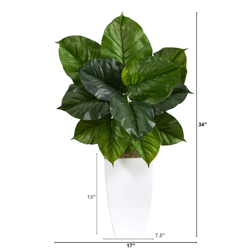 3ft. Large Philodendron Leaf Plant in White Metal Planter
