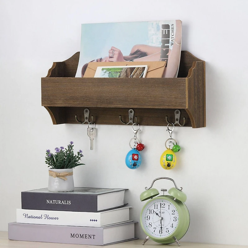 NEX™ Wooden Wall-Mounted Mail Sorter Hanging Rack with 3 Double Key Hooks
