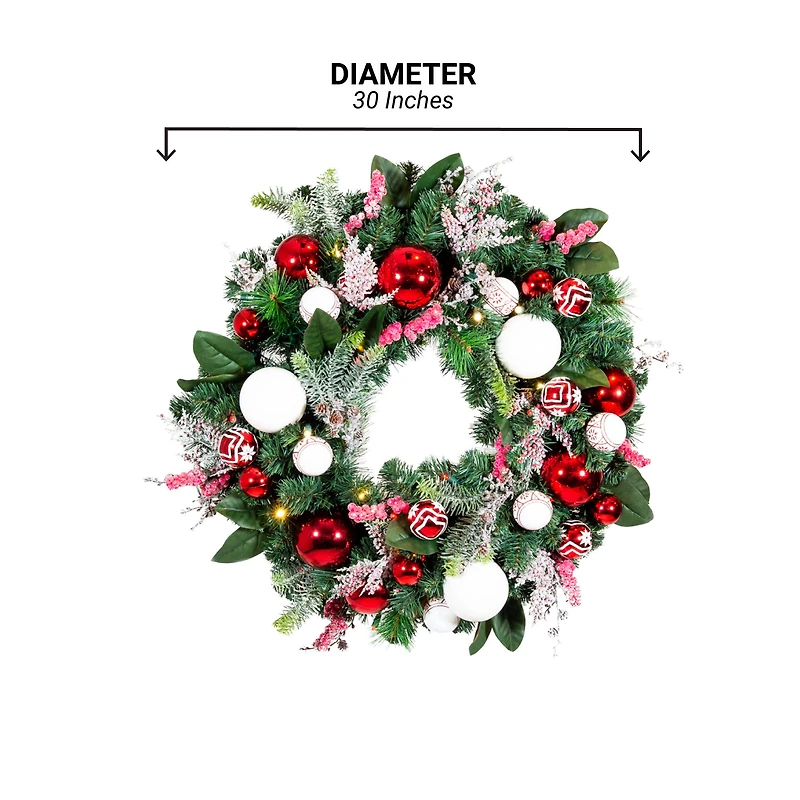 Village Lighting 30" Pre-Lit Nordic Christmas Wreath, Red & Clear LED Lights