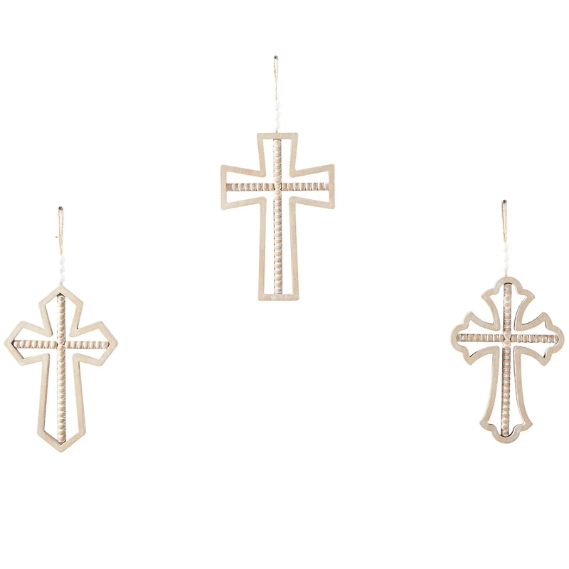 Light Brown Wood Carved Beaded Crosses Biblical Wall Decor with Rope Hanger Set of 3 9", 18"