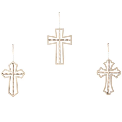 Light Brown Wood Carved Beaded Crosses Biblical Wall Decor with Rope Hanger Set of 3 9", 18"