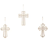 Light Brown Wood Carved Beaded Crosses Biblical Wall Decor with Rope Hanger Set of 3 9", 18"