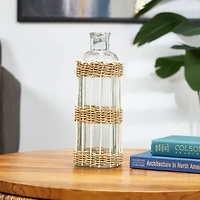 15" Clear Glass Handmade Vase with Light Brown Rattan Woven Body