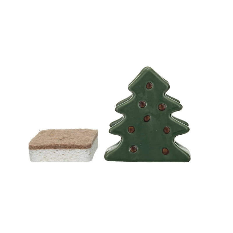 Hello Honey® 4" Green & Brown Stoneware Christmas Tree Shaped Sponge Holders with Sponge & Reactive Glaze, 2ct.