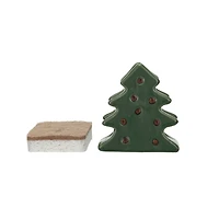 Hello Honey® 4" Green & Brown Stoneware Christmas Tree Shaped Sponge Holders with Sponge & Reactive Glaze, 2ct.