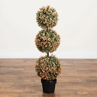 3ft. UV Resistant Autumn Triple Ball Boxwood Artificial Fall Topiary Tree with 30 Warm White LED Lights (Indoor/Outdoor)