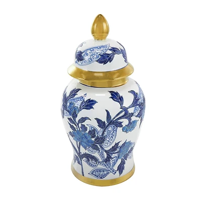 14" Blue Ceramic Floral Decorative Jar