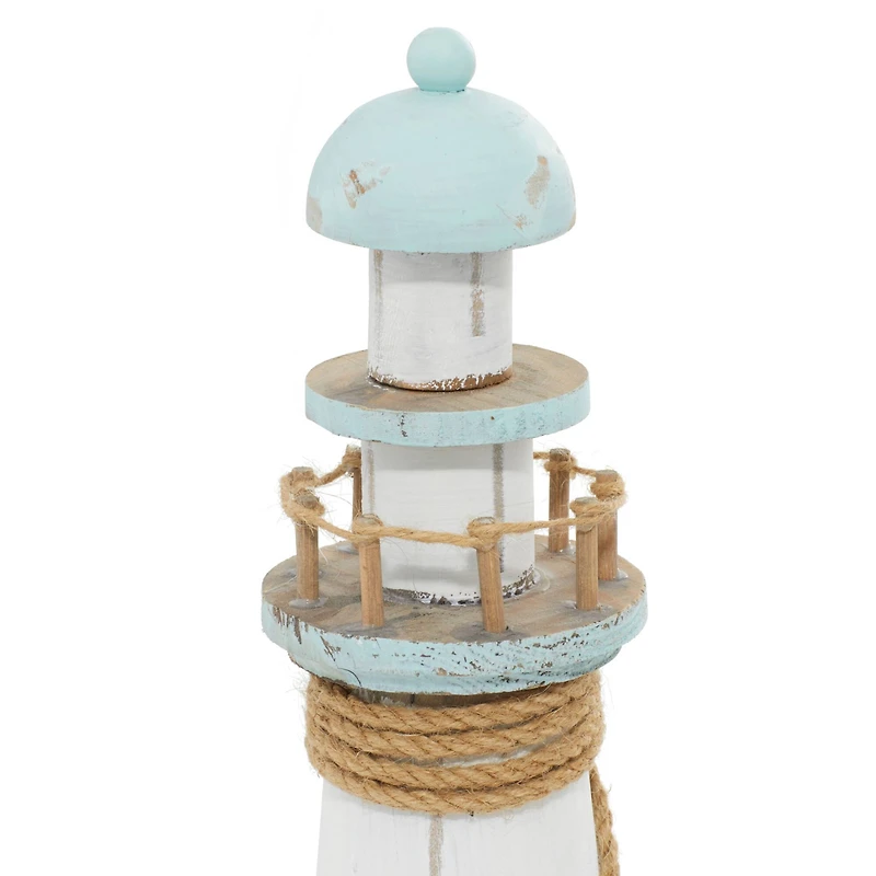 Coastal White Wooden Lighthouse Sculpture, 15" x 6" x 6"