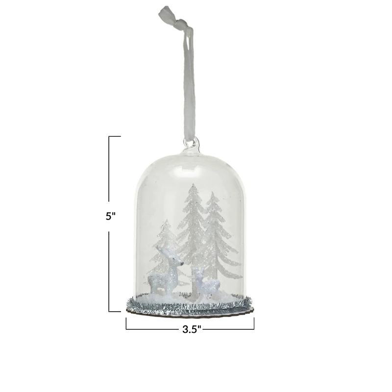 Hello Honey® 5" White & Silver Glass Cloche with Deer & Trees Ornament