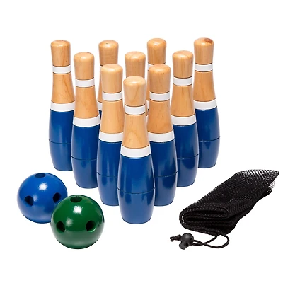 Toy Time Blue Indoor & Outdoor Wooden Bowling Game Set