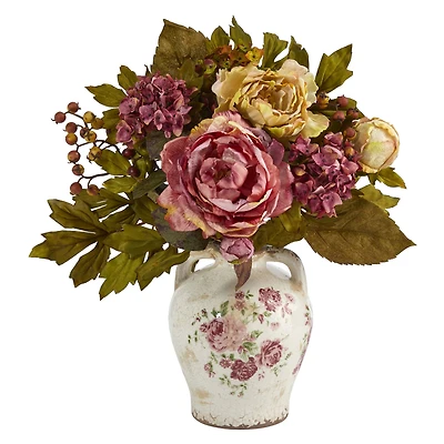 16'' Pink & Yellow Peony Arrangement in Flower Print Jar