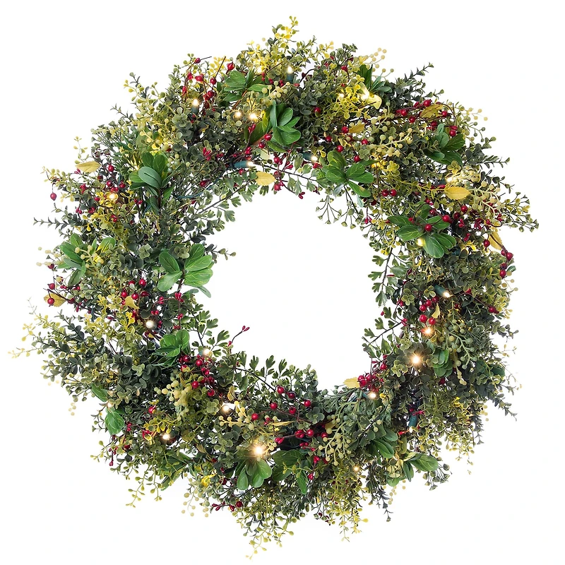 Village Lighting 30" LED Christmas Boxwood & Berry Wreath