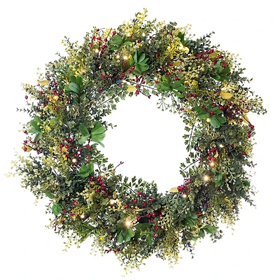 Village Lighting 30" LED Christmas Boxwood & Berry Wreath