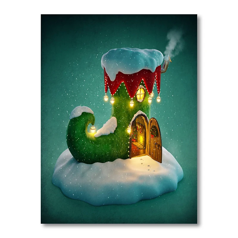 Designart 20" Elf Shoe House On Snow Christmas Island Canvas Art Print