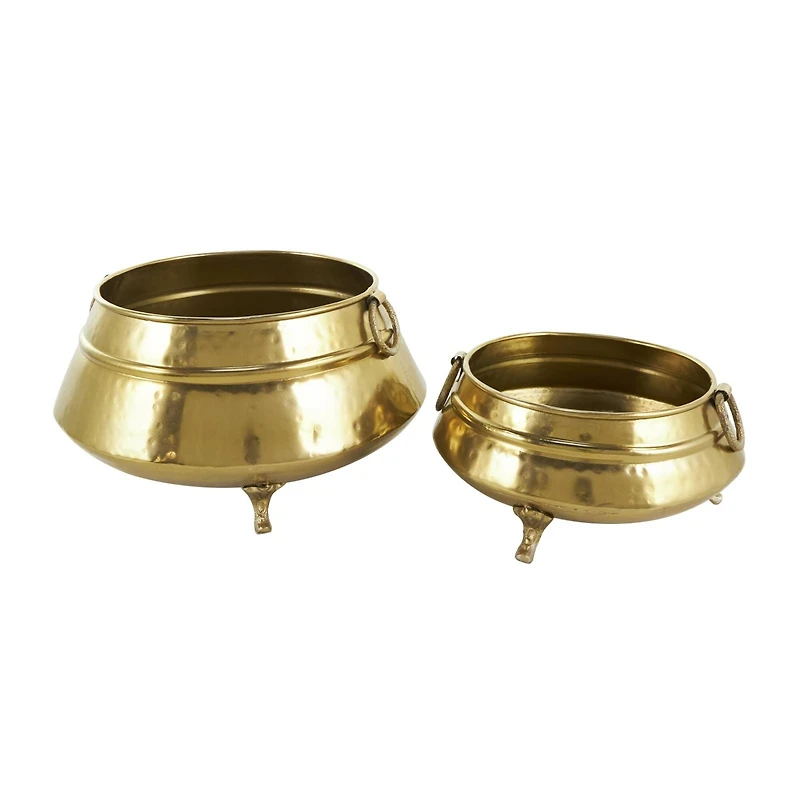 Gold Metal Scroll Foot Hammered Pot Planter Set