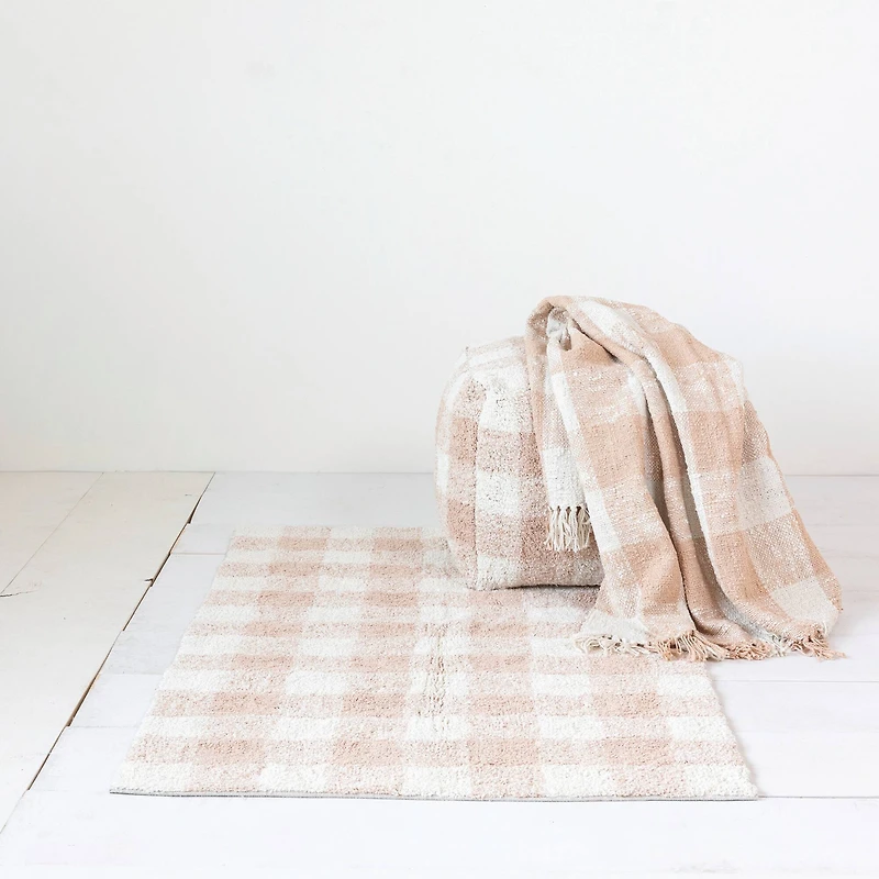 Hello Honey® Blush & Cream Plaid Hand-Woven Cotton Throw with Fringe