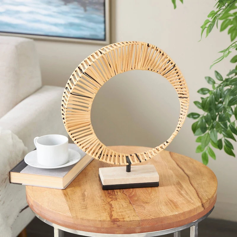 15.5" Brown Rattan Abstract Handmade Mobius Strip Inspired Sculpture with White Marble Base