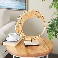 15.5" Brown Rattan Abstract Handmade Mobius Strip Inspired Sculpture with White Marble Base