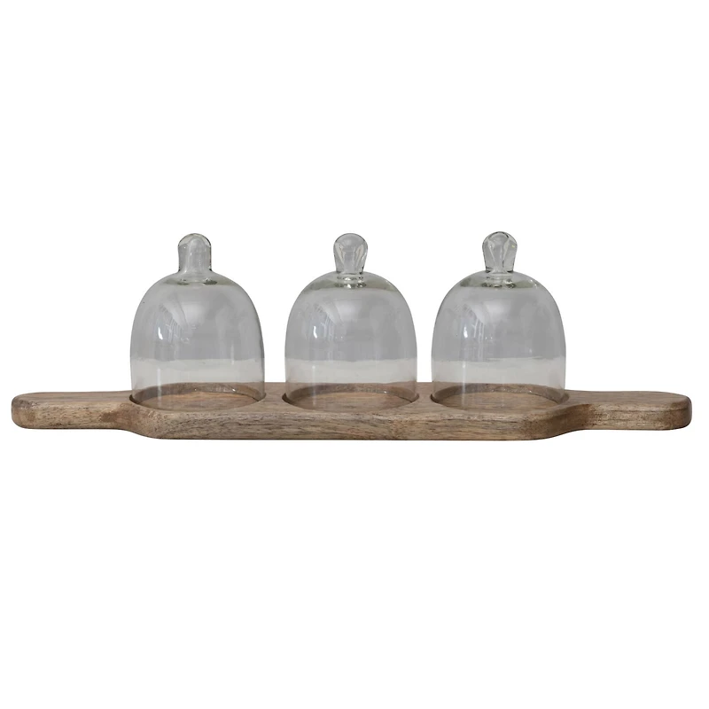 Hello Honey® Mango Wood Serving Tray with 3 Glass Cloches Set