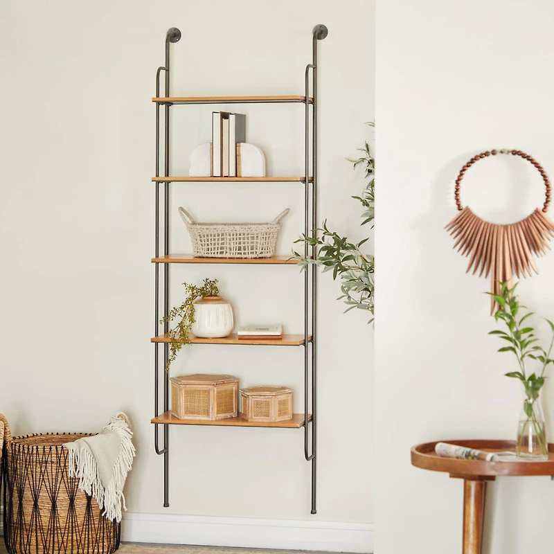 Brown Iron Industrial Wall Shelf, 71" x 23" x 12"