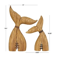 Brown Wood Whale Handmade Tail Sculpture with Metal Band Accents Set