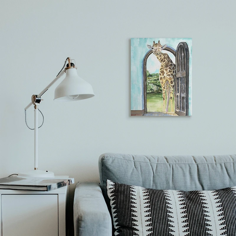 Stupell Industries Giraffe Through Doorway Safari Animal Portrait Canvas Wall Art