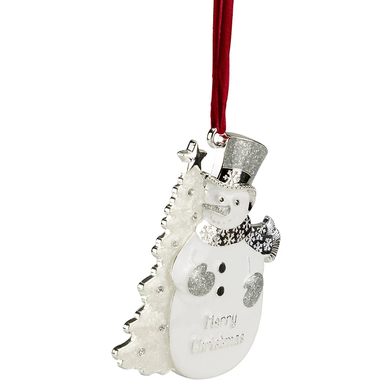 3.5" White Silver-Plated Snowman Merry Christmas Ornament with European Crystals