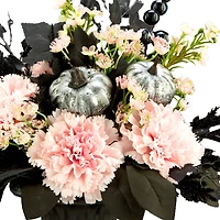 17" Pretty Morbid Pink Carnation Halloween Centerpiece in Black Urn