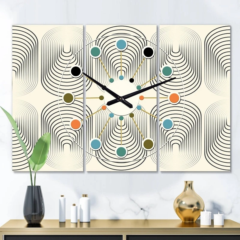 Designart Monochrome Geometric Pattern X Oversized Mid-Century Modern Multipanel Wall Clock