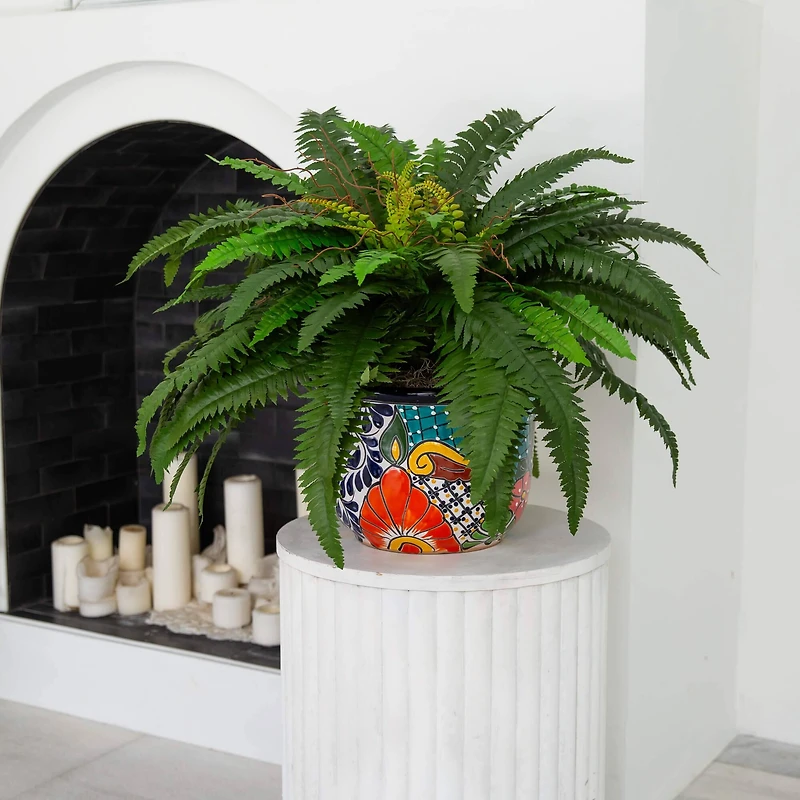 3.5ft Artificial Double Boston Fern in Handmade Mexican Talavera Ceramic Planter