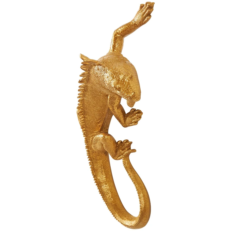 17" Gold Polystone Textured Climbing Lizard Sculpture