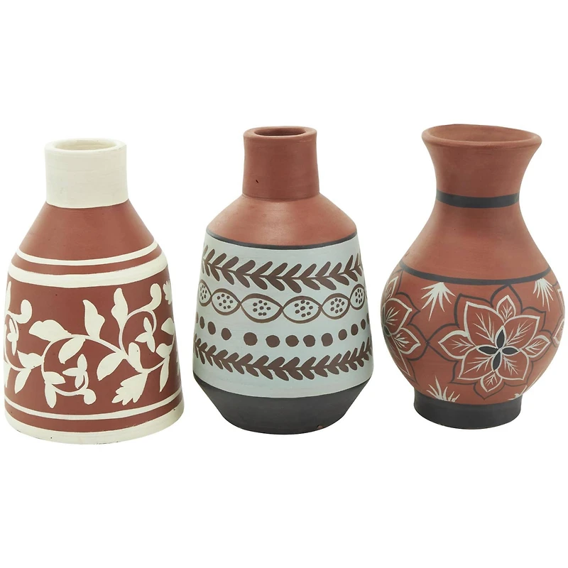 Orange Ceramic Floral Vase Set with 3 Different Patterns & Shapes