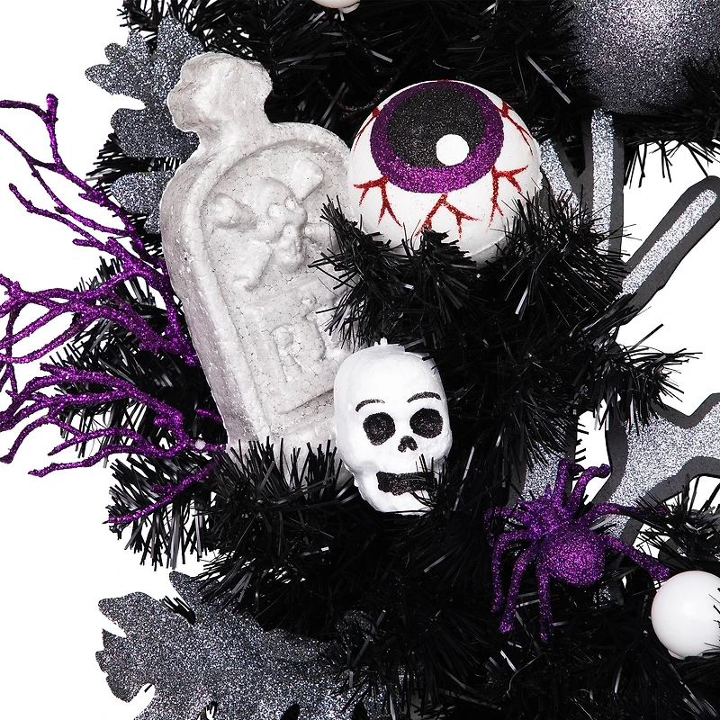 24'' Unlit Purple and Black Spooky Skeleton Pine Halloween Wreath