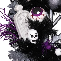 24'' Unlit Purple and Black Spooky Skeleton Pine Halloween Wreath