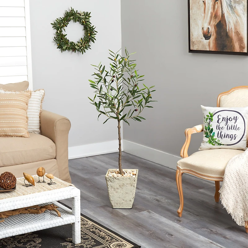 4.5ft. Olive Artificial Tree in Country White Planter
