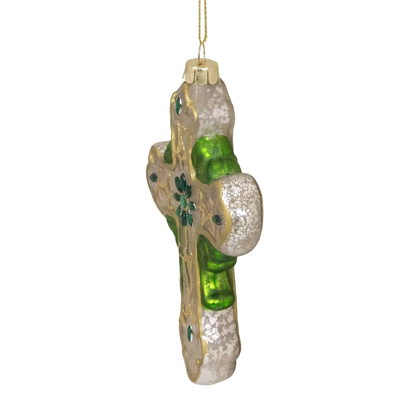 5" Luck of the Irish Green & White Mercury Glass Cross Christmas Ornament