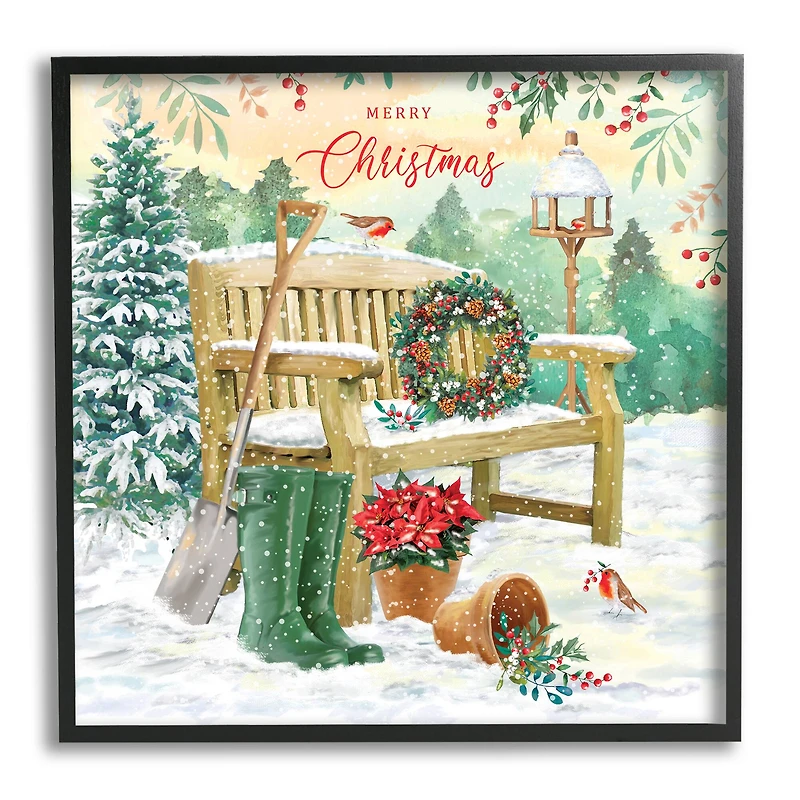 Stupell Industries Merry Christmas Winter Bench Framed Giclee Art