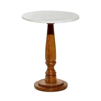 18" White Mango Wood & Marble Farmhouse Accent Table