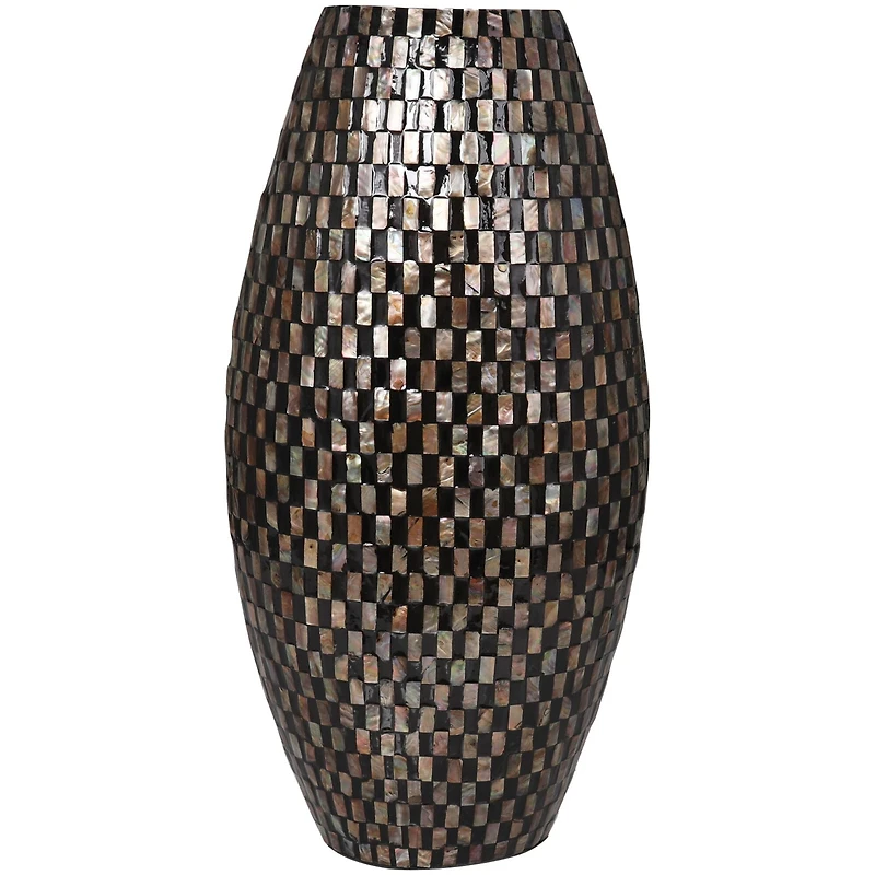 24" Black Mother of Pearl Handmade Geometric Mosaic Inspired Thin Vase