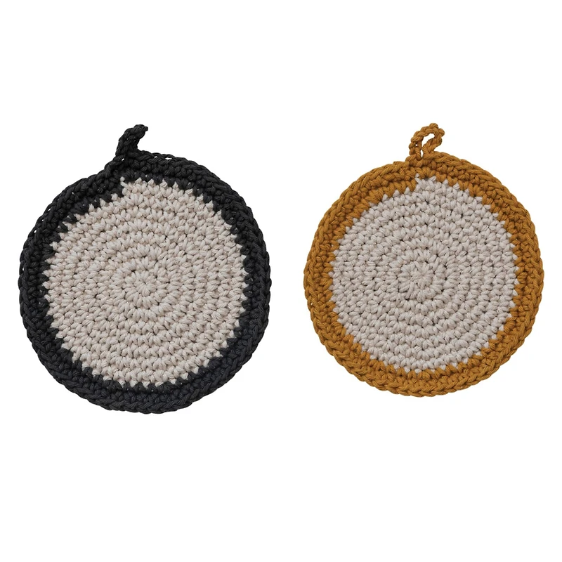 Hello Honey® 8" Brown Accented Round Cotton Crocheted Pot Holder Set
