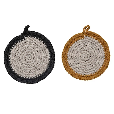 Hello Honey® 8" Brown Accented Round Cotton Crocheted Pot Holder Set